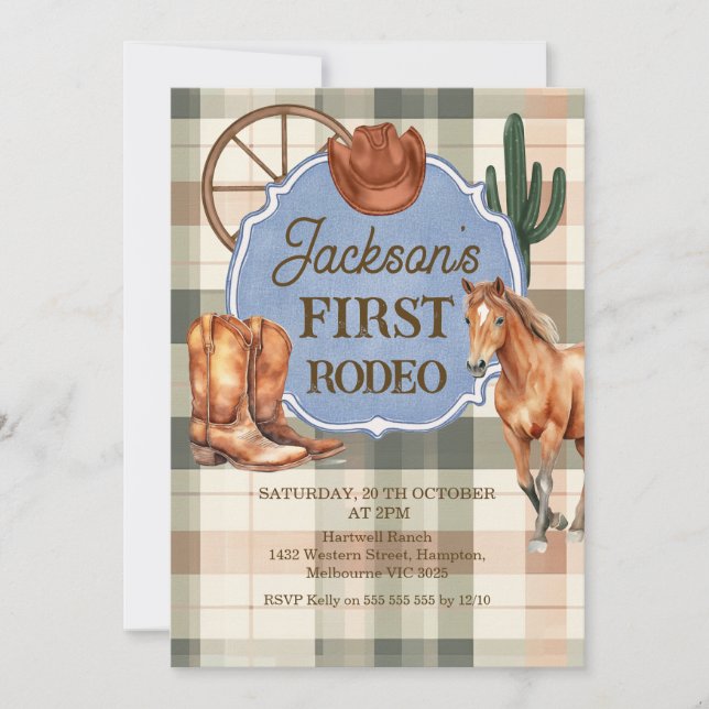 Boys Plaid Green Brown First Rodeo 1st Birthday Einladung (Vorderseite)