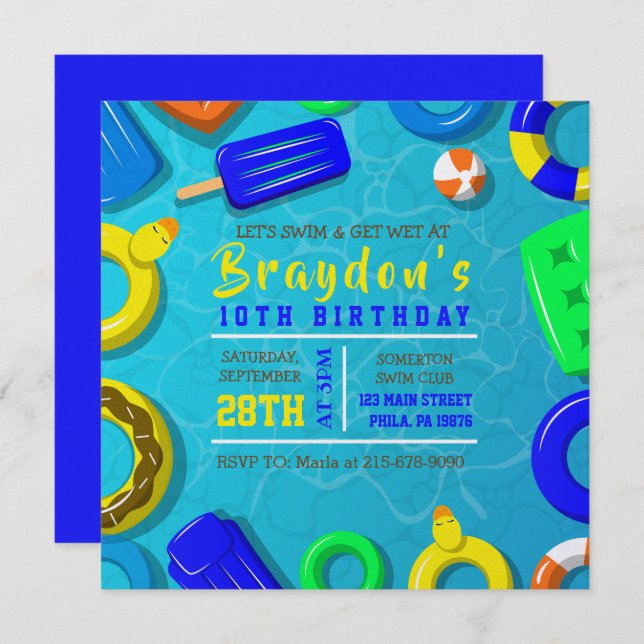 BOYS POOL SWIM FLOATS Birthday Party Invitation Einladung (Vorne/Hinten)