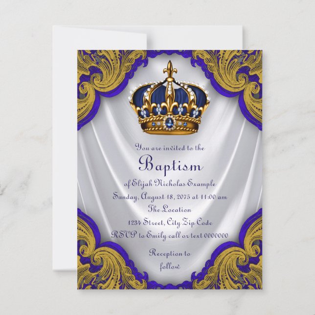 Boys Prince Baptism Royal Blue Gold Swirl Satin Einladung (Rückseite)