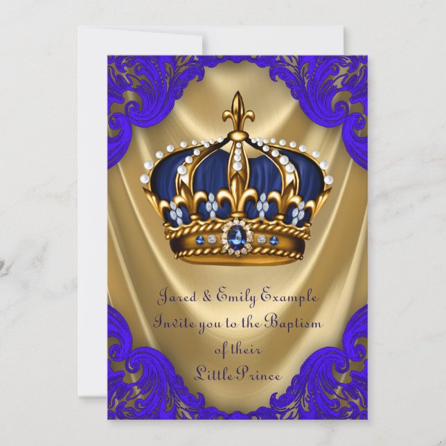 Boys Prince Taufe Royal Blue and Gold Satin Einladung (Vorderseite)