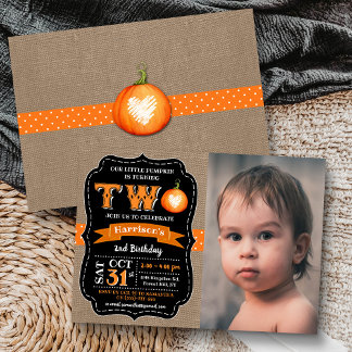 Boy's Pumpkin 2. Geburtstag Foto Einladung