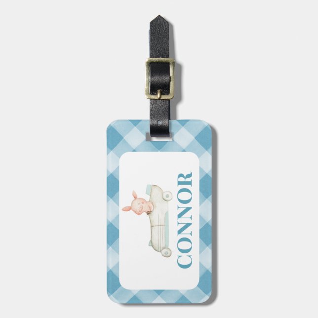 Boys Race Car Gingham School Bag Tag Gepäckanhänger (Vorderseite vertikal)