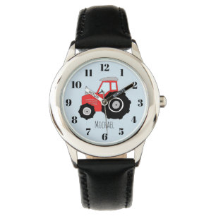 Boy's Red Farm Traktor mit Name Kids Armbanduhr
