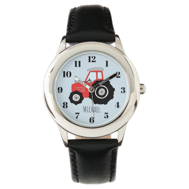 Boy's Red Farm Traktor mit Name Kids Armbanduhr (Vorderseite)