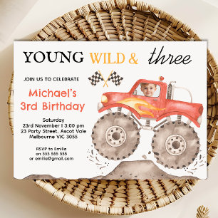 Boys Red Monster Truck Young Wild Drei Geburtstag Einladung