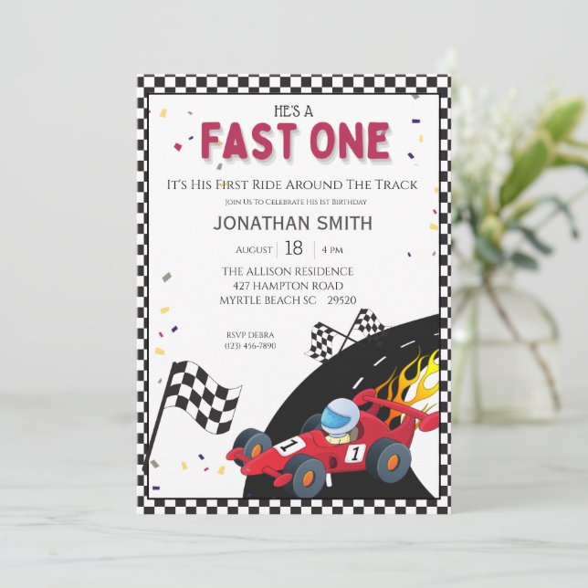Boys Red Race Car 1. Geburtstag Party Einladung (Stehend Vorderseite)