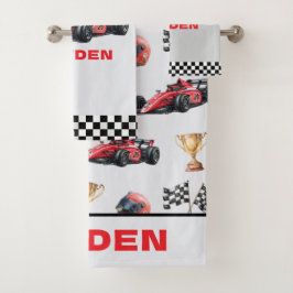 Boys Red Racing Car Pattern Personalised Badhandtuch Set