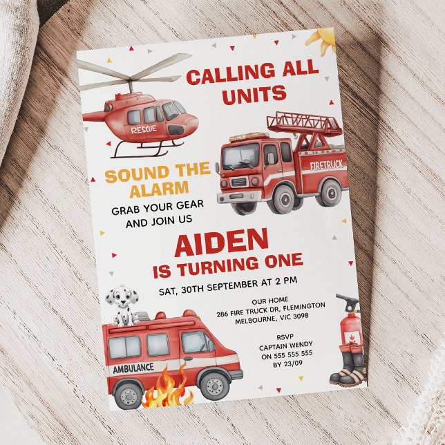 Boys Red Rescue Calling All Units Birthday Einladung (Calling All Units Invitation, Fire Truck Birthday Invitation, Emergency Squad Invitation, Alarm)