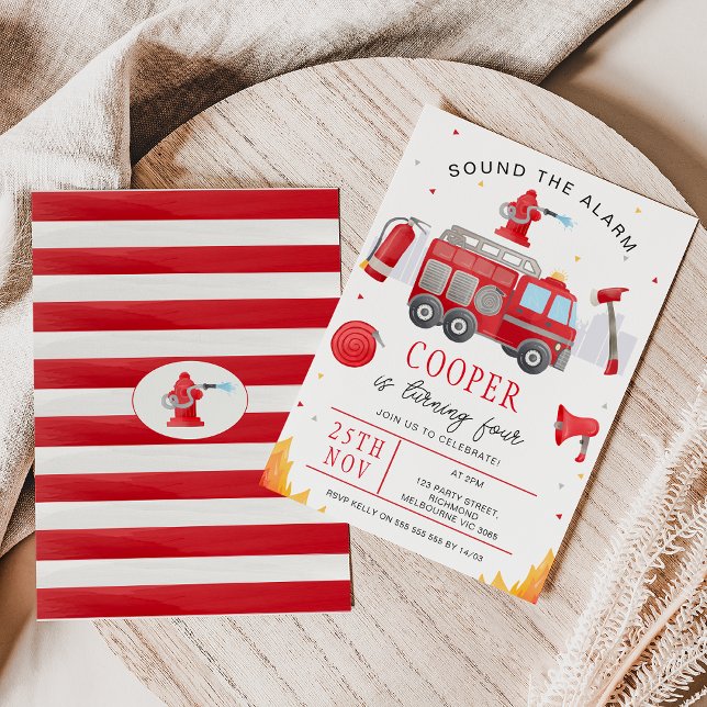 Boys Red Sound The Alarm Fire Truck Birthday Einladung (Fire Truck Birthday Invitation, Fire Truck Invitation Template, Sound The Alarm Invitation, Boys)