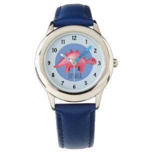 Boys Red Watercolor Dinosaurier und Name Kinder Armbanduhr