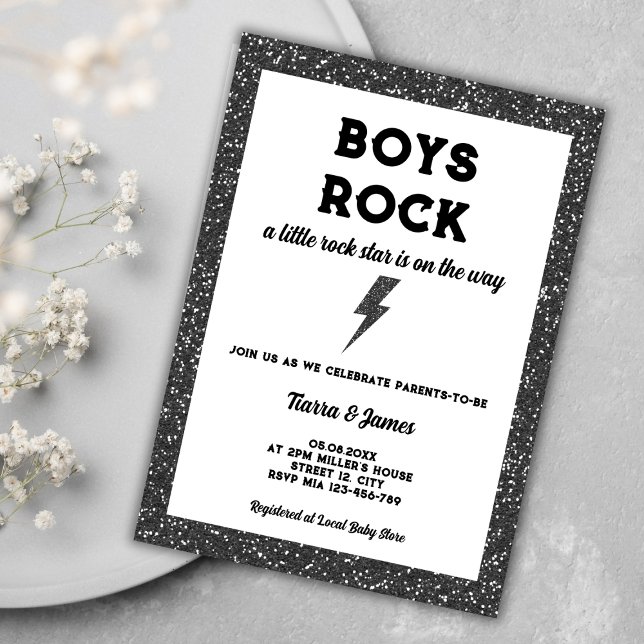 Boys Rock Black Rock and Roll Boy Baby Dusche Einladung (boys rock little rock star rock and roll boy baby shower invitation)