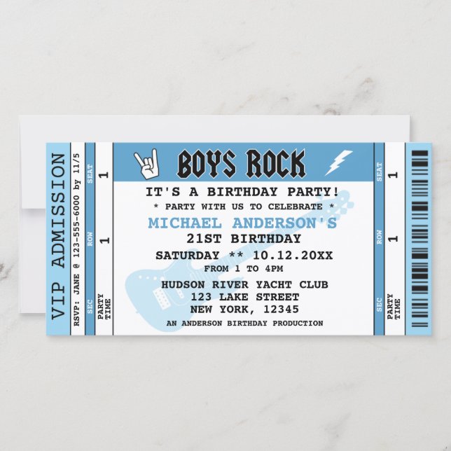 BOYS ROCK CONCERT TICKET GEBURTSTAG EINLADUNG (Vorderseite)