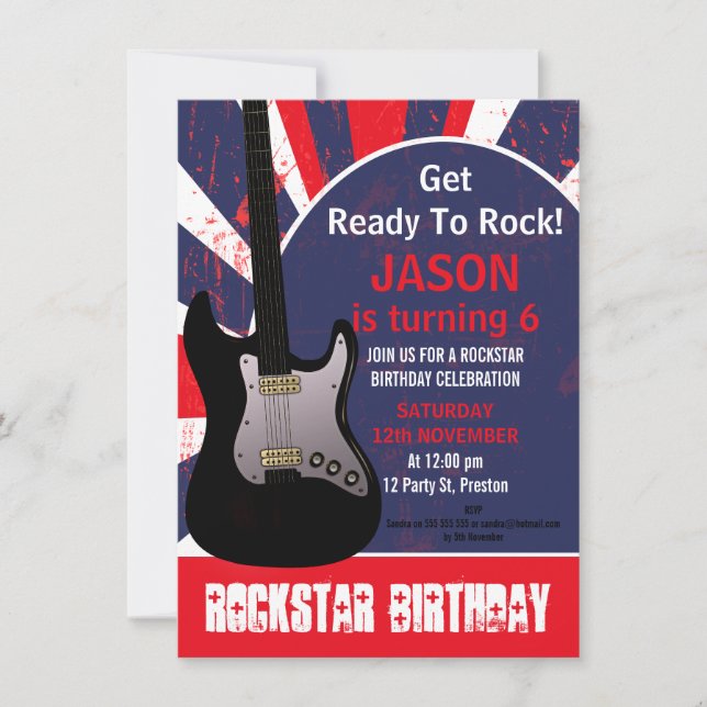 Boys Rock Star Gitarre zum Geburtstag Einladung (Vorderseite)