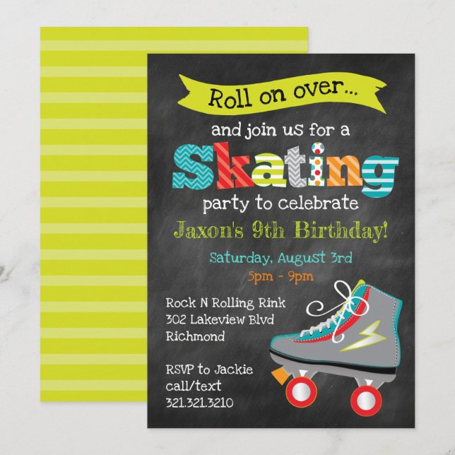Boys Roller Skaten Birthday Party - Chalkboard Einladung (Vorne/Hinten)