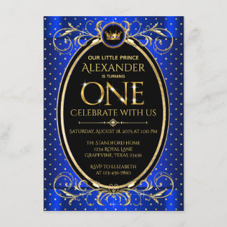 Boys Royal Blue Gold Prince 1. Geburtstag Party Einladung