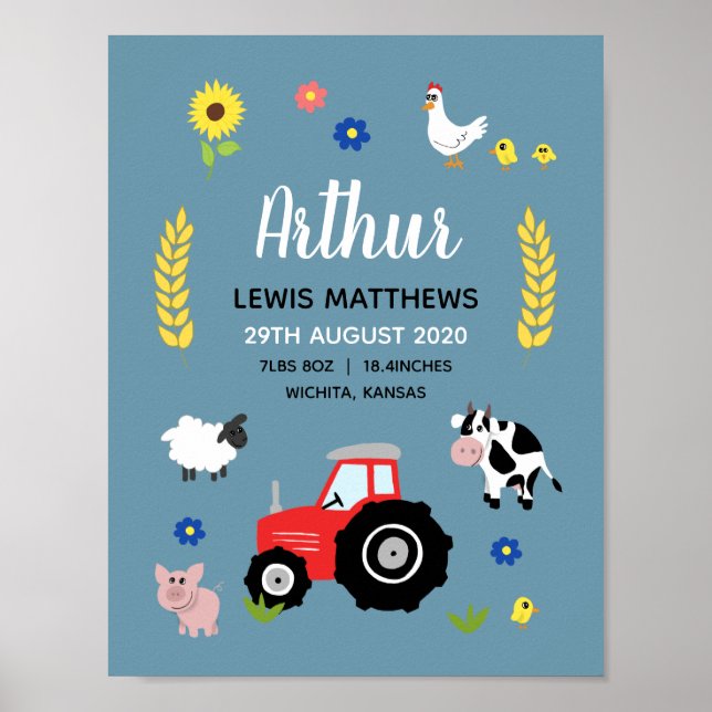 Boys Rustikale Niedliche Farm Birth Stats Baby Kin Poster (Vorne)