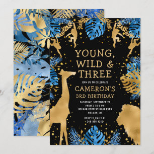 Boys Safari 3. Geburtstag Party Blue Gold Black Einladung