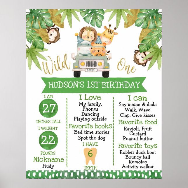 Boys Safari Animals 1 Geburtstag Milestone Poster (Vorne)