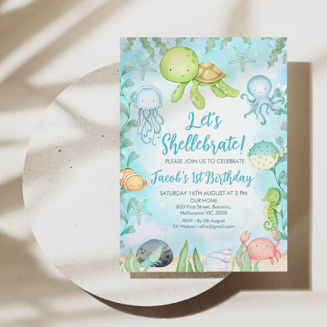 Boy's Shellebrate Sea Turtle Under Sea Birthday Einladung (Let's Shellebrate 1st Birthday Invitation Template, Under the Sea Birthday Invitation Boy, Turtle)