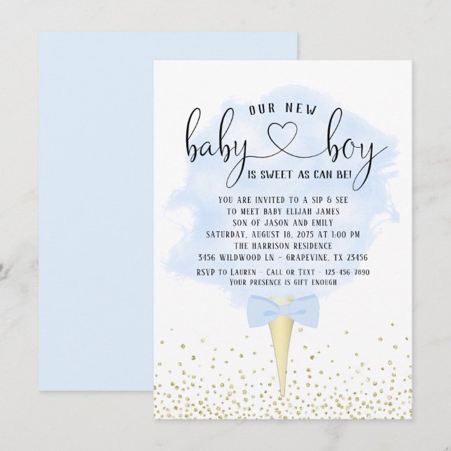 Boys Sip Siehe Cotton Candy Baby Dusche Einladung (Vorne/Hinten)
