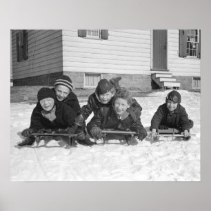 Boys Sledding, 1936. Vintages Foto Poster