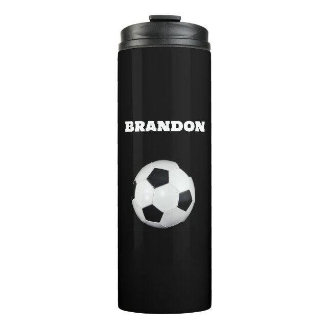 Boys Soccer Ball Black Stylish Individuelle Name K Thermosbecher (Vorderseite)
