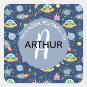 Boys Space Alien Muster und Name Kids Buchzeichen Quadratischer Aufkleber