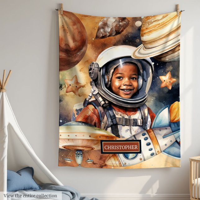 Boys Space Blanket Astronaut Aquarell Design Fleecedecke (Boys Space Blanket Astronaut Watercolor Design)