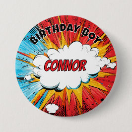 Boys Superhero Birthday Boy Personalised Badge Button
