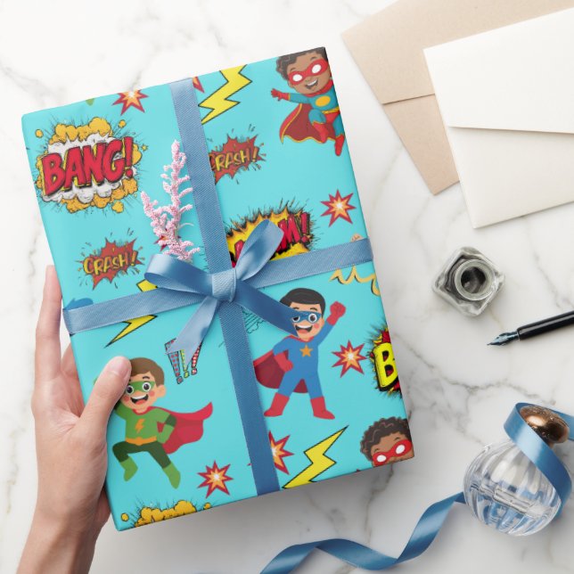 Boys Superhero Birthday Party Gift Wrapping Paper Geschenkpapier (Schenken)