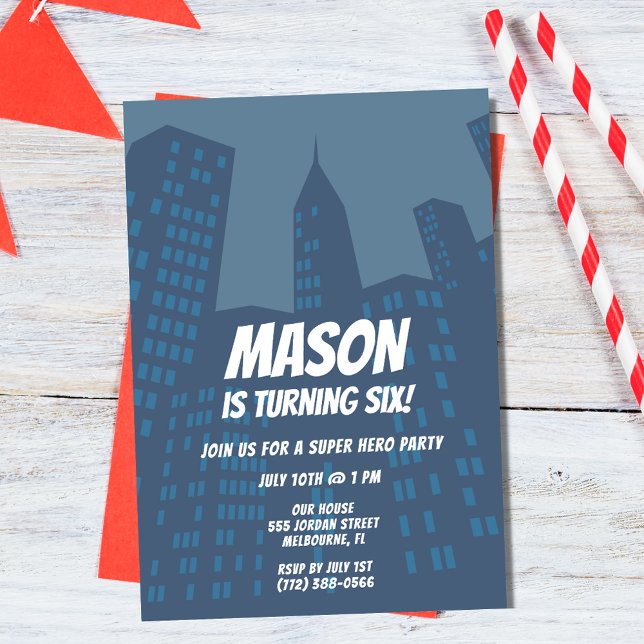 Boys Superhero City Geburtstagsparty Einladung (Boys Superhero City Birthday Party Invitation)