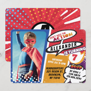 Boy's Superhero Comic Foto Geburtstag Einladung
