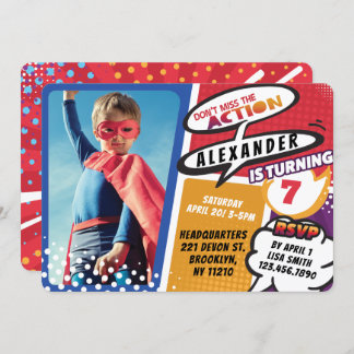 Boy's Superhero Comic Foto Geburtstag Einladung