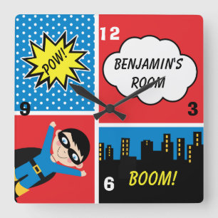 Boys Superhero Personalized Wall Clock Quadratische Wanduhr