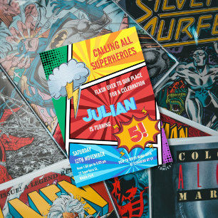Boys Superhero Turning 5. Comic Geburtstag Einladung