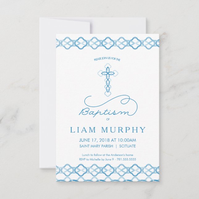 Boys Taufe Einladung - Extravagantes Blaues Kreuz (Vorderseite)