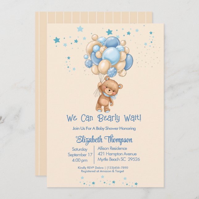 Boys Teddy Bear Balloons Bearly Wait Baby Dusche Einladung (Vorne/Hinten)