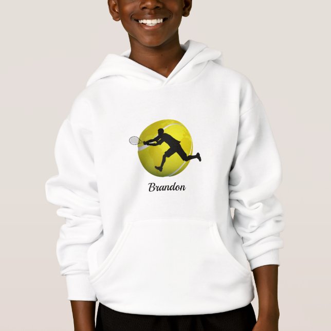 Boys Tennis Planet Ball & Player sein Name Kinder Hoodie (Vorderseite)