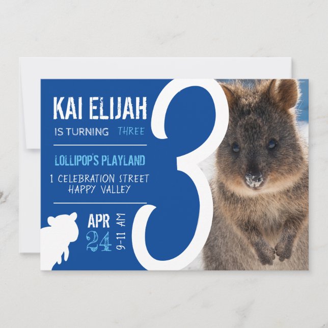 Boys Third Birthday Blue Quokka Australia Photo Einladung (Vorderseite)