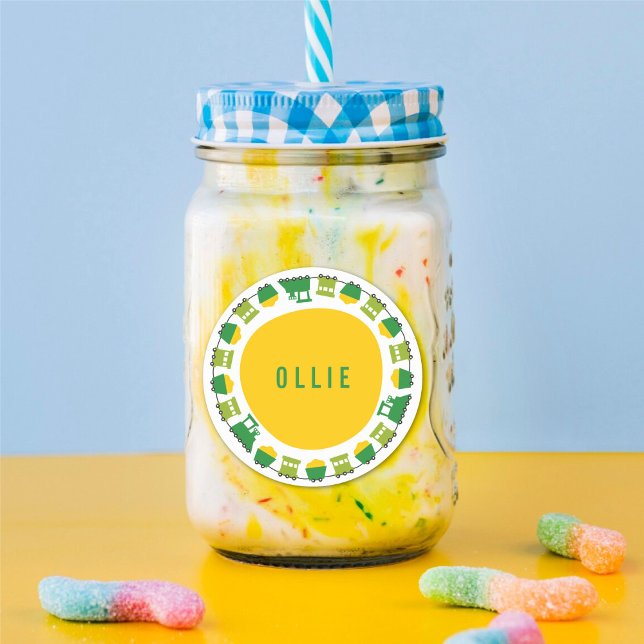 Boys Toys Green Trains Kinderparty Gefallen Runder Aufkleber (Boys Toys Green Trains Kid's Birthday Party Favor Sticker / Drinks / Food Label @ fatfatin_mini_me)