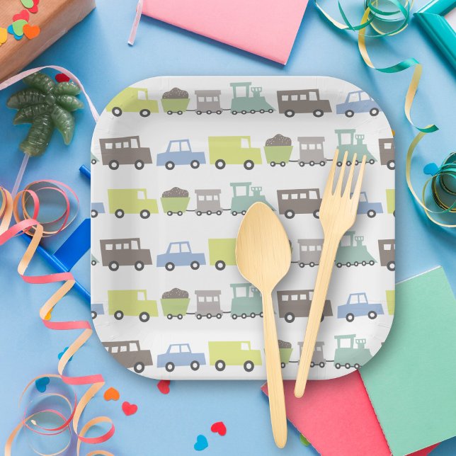 Boys Toys Pastel Blue Kid Transport Geburtstagspar Pappteller (Boys Toys Pastel Blue Transport Kid's Birthday Party Paper Plates @ fatfatin_mini_me)