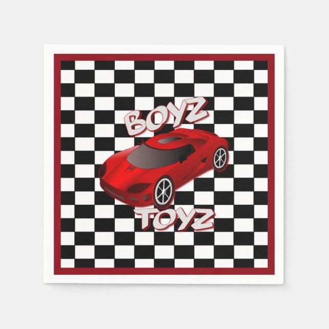 Boys Toys Red Sports Car Checkered Napkins Serviette (Vorderseite)