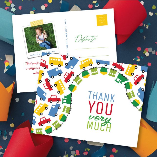 Boys Toys Transport Car Bahn Bus LKW Vielen Dank Postkarte (Boy's Toys Transport Kid's Birthday Party Collection @ fat*fa*tin)