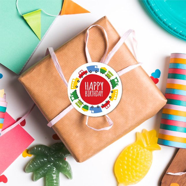 Boys Toys Transport Car Train Happy Birthday Party Runder Aufkleber (Boy's Toys Transport Kid's Birthday Party Collection @ fat*fa*tin)