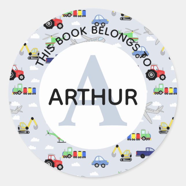 Boys Tractor Train Flugzeug und Name Buchzeichen Runder Aufkleber (Vorderseite)