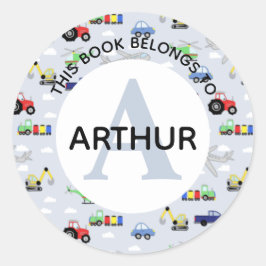 Boys Tractor Train Flugzeug und Name Buchzeichen Runder Aufkleber