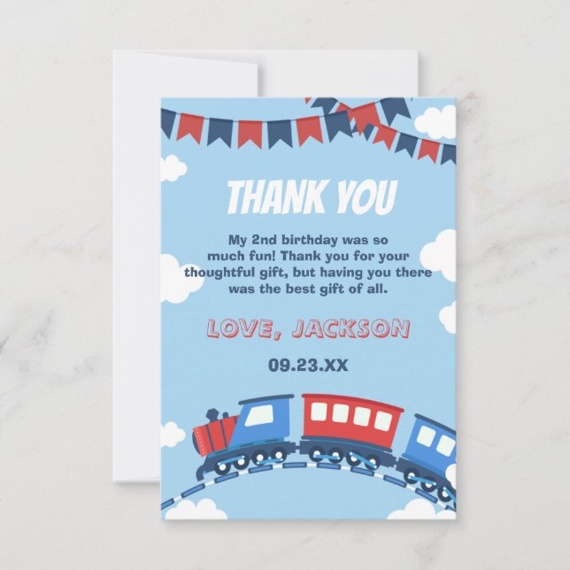 Boys Train Chugga Zwei Flag Blau Rot Weißer Geburt Dankeskarte (Vorderseite)