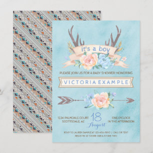 Boys Tribal Antler Floral Baby Shower Einladungen