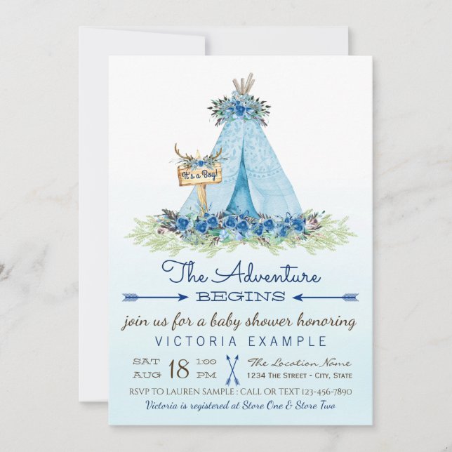 Boys Tribal TeePee Boho Kinderdusche Einladungen (Vorderseite)