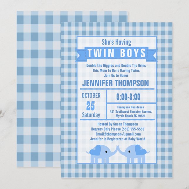 Boys Twin Elephant Baby Shower Blue Gingham Einladung (Vorne/Hinten)